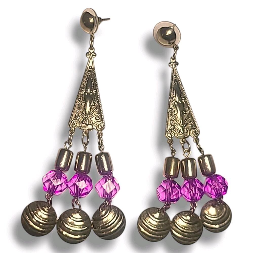 Vintage Purple Bead Gold Tone‎ Boho Chandelier Dangle Earrings